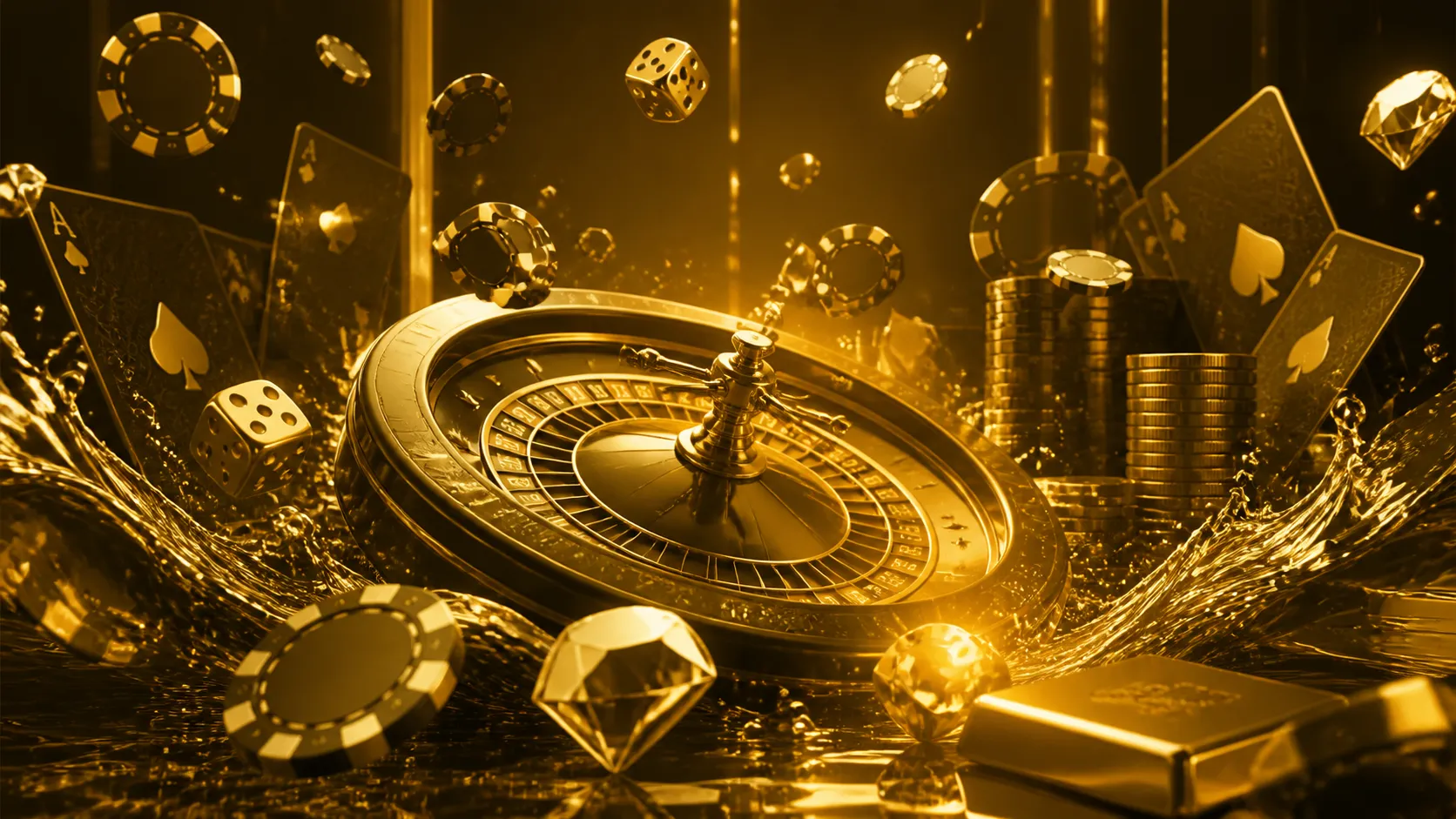Luxury-themed casino hero banner with floating poker chips, glowing roulette wheel, and elegant smoke effects, emphasizing op